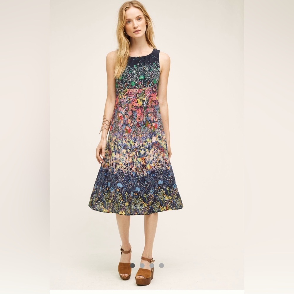 Anthropologie Maeve Larkspur Floral 100% Silk Midi Dress
